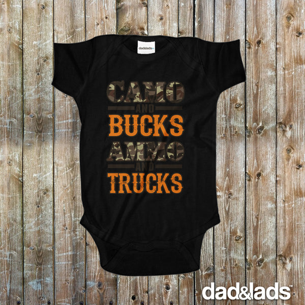 Camo and Bucks, Ammo and Trucks Baby Onesie - Dad and Lads