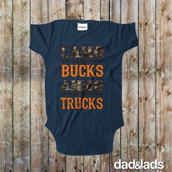 Camo and Bucks, Ammo and Trucks Baby Onesie - Dad and Lads