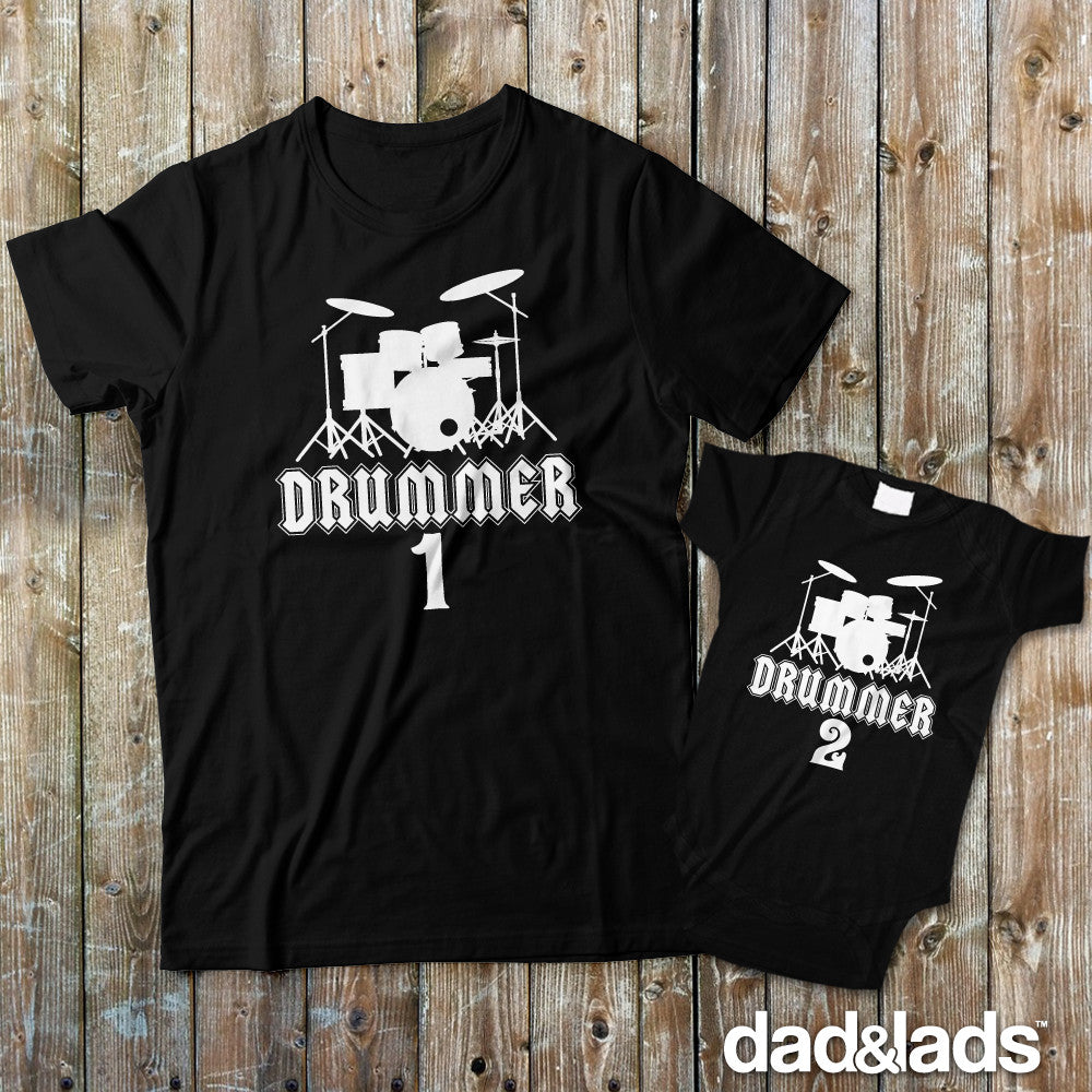Drummer 1 and Drummer 2 Matching Father Son Shirts for Drummer - Dad and Lads
