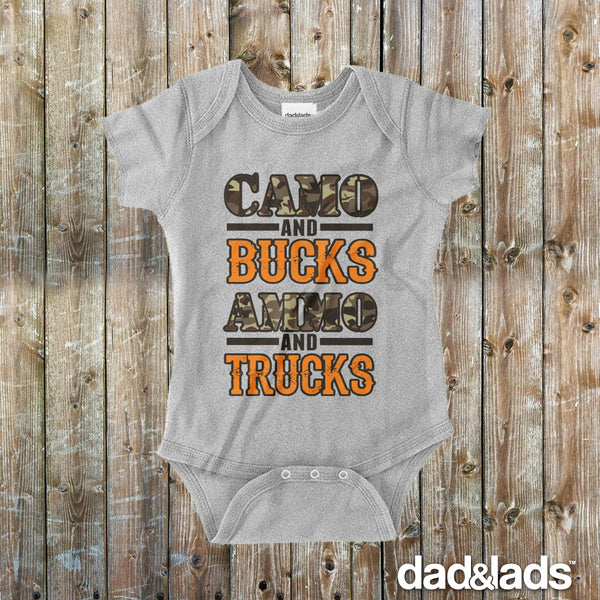 Camo and Bucks, Ammo and Trucks Baby Onesie - Dad and Lads
