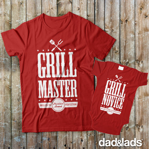 Grill Master and Grill Novice Dad and Baby Matching Shirts for Cookout - Dad and Lads