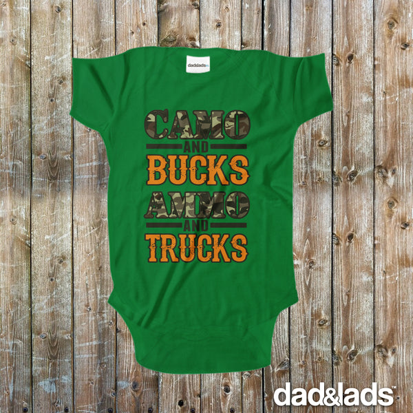 Camo and Bucks, Ammo and Trucks Baby Onesie - Dad and Lads