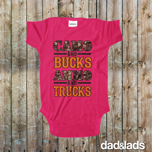 Camo and Bucks, Ammo and Trucks Baby Onesie - Dad and Lads